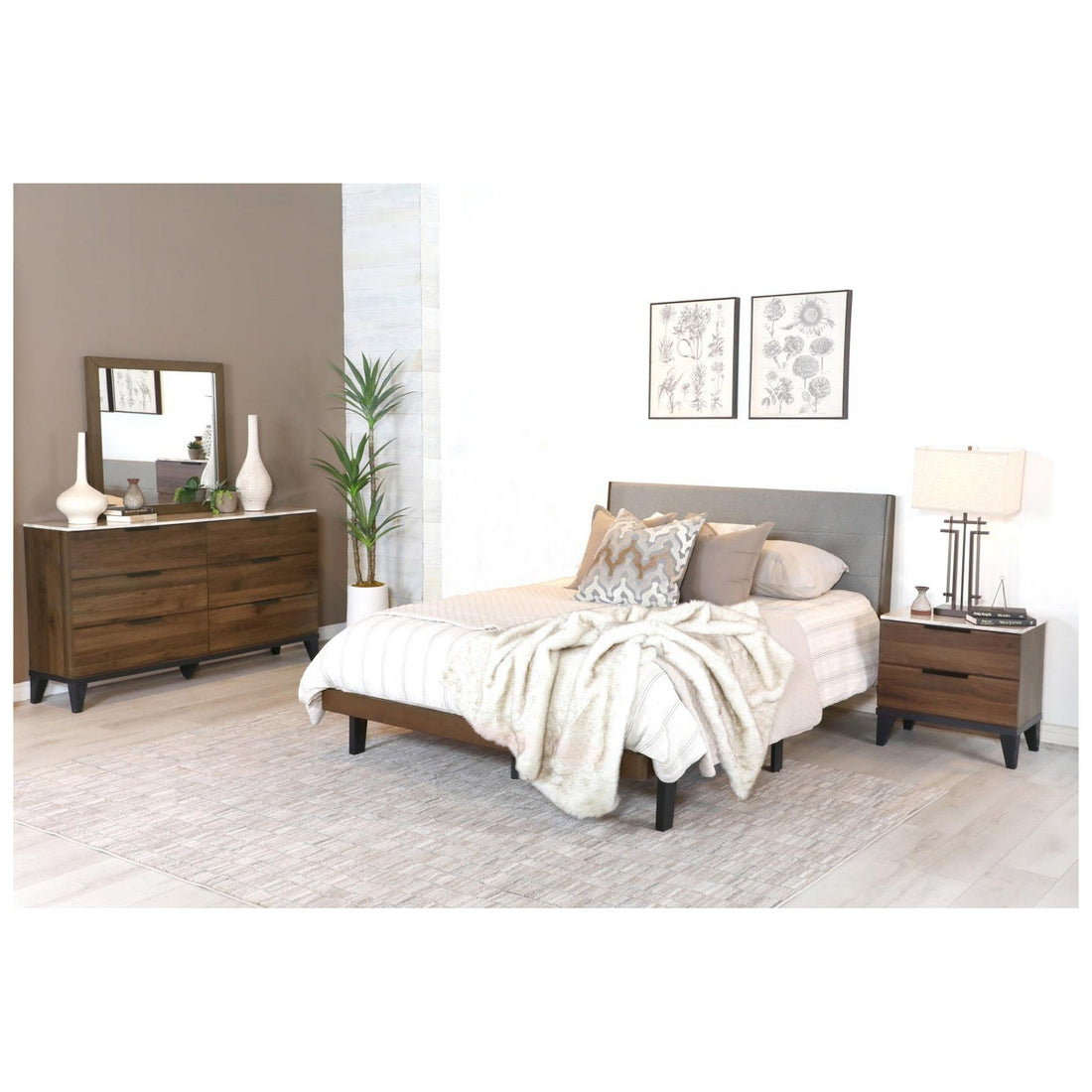 Mays 4-piece Upholstered Eastern King Bedroom Set Walnut Brown and Grey 215961KE-S4