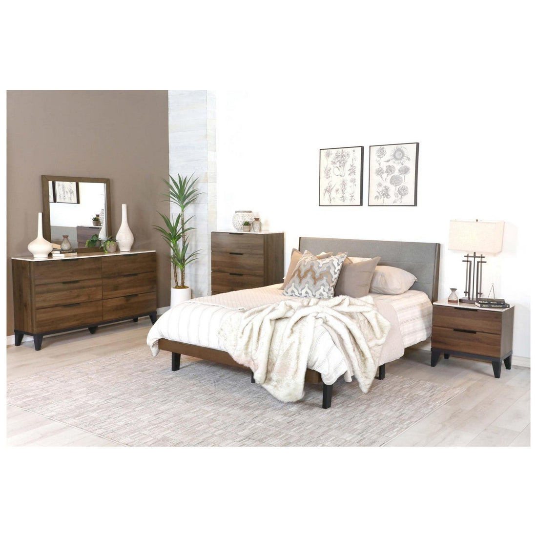 Mays 5-piece Upholstered Eastern King Bedroom Set Walnut Brown and Grey 215961KE-S5