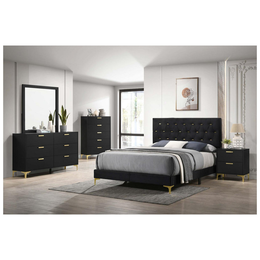 Kendall 5-piece Tufted Panel Queen Bedroom Set Black and Gold 224451Q-S5