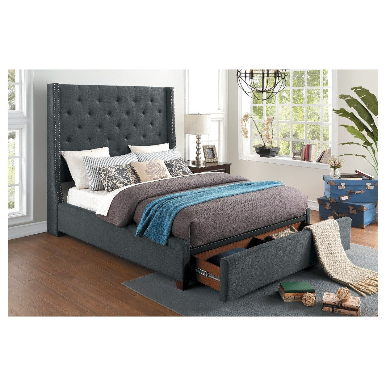 (3) FULL BED W/STORAGE DRAWER, DARK GRAY FABRIC 5877FGY-1DW*