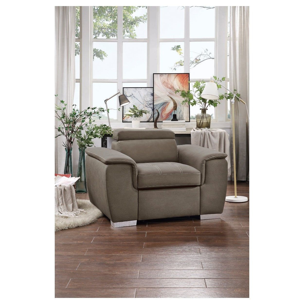 CHAIR W/ ADJ HEADREST AND PULL-OUT OTTOMAN, TAUPE 100% POLYESTER 8228TP-1