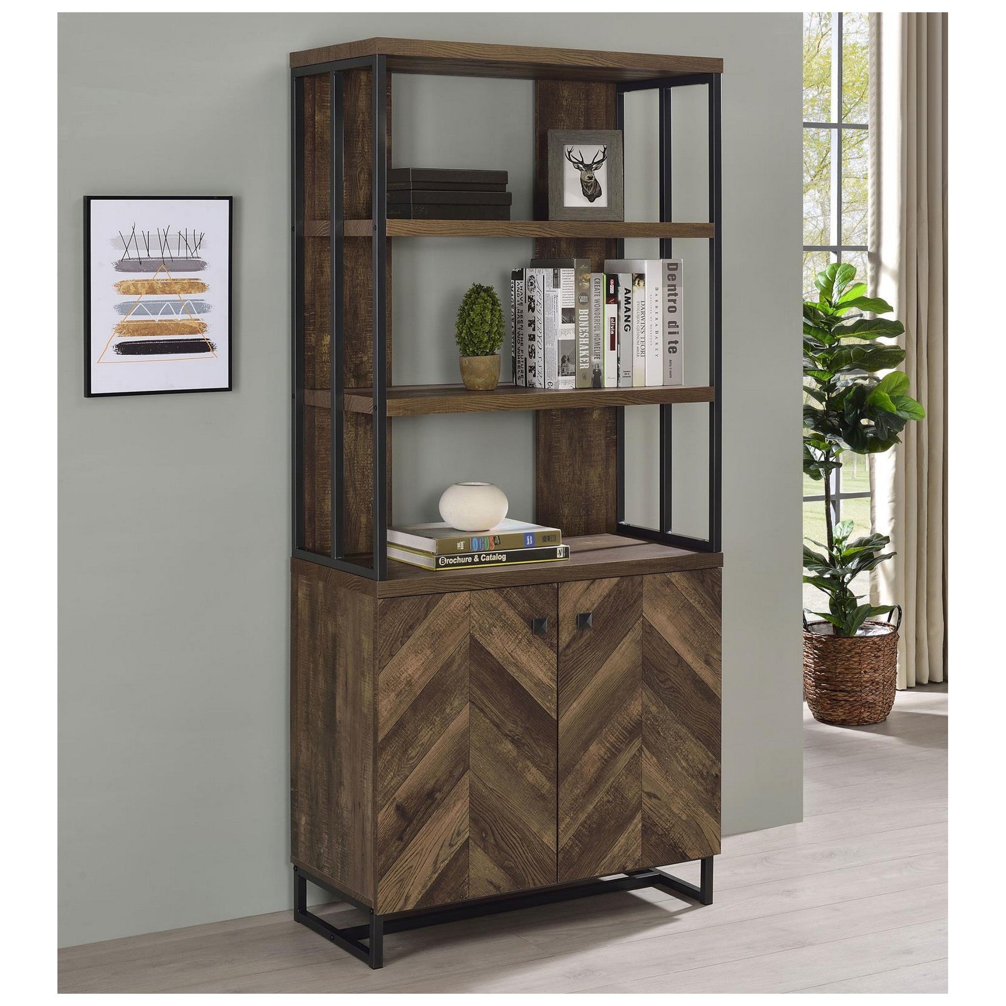 Millbrook 2-door Bookcase Rustic Oak Herringbone and Gunmetal 882093