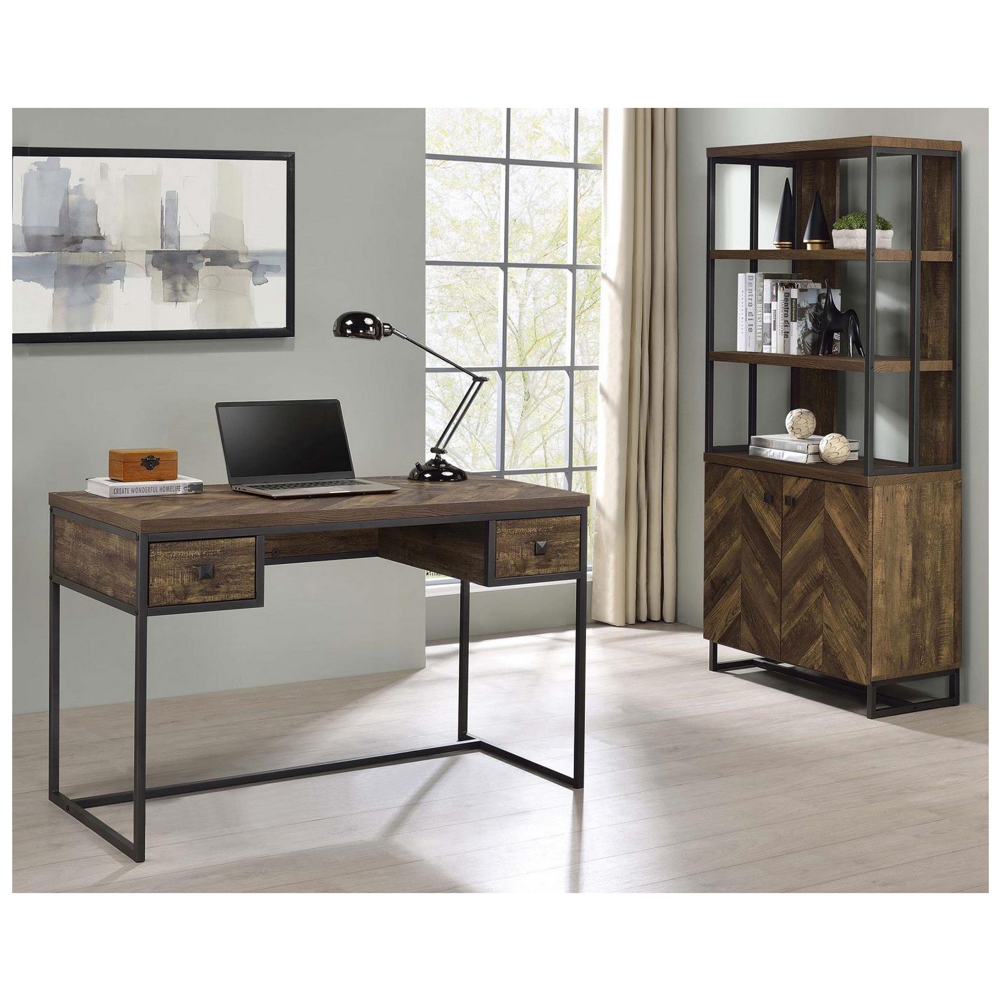 Millbrook 2-door Bookcase Rustic Oak Herringbone and Gunmetal 882093