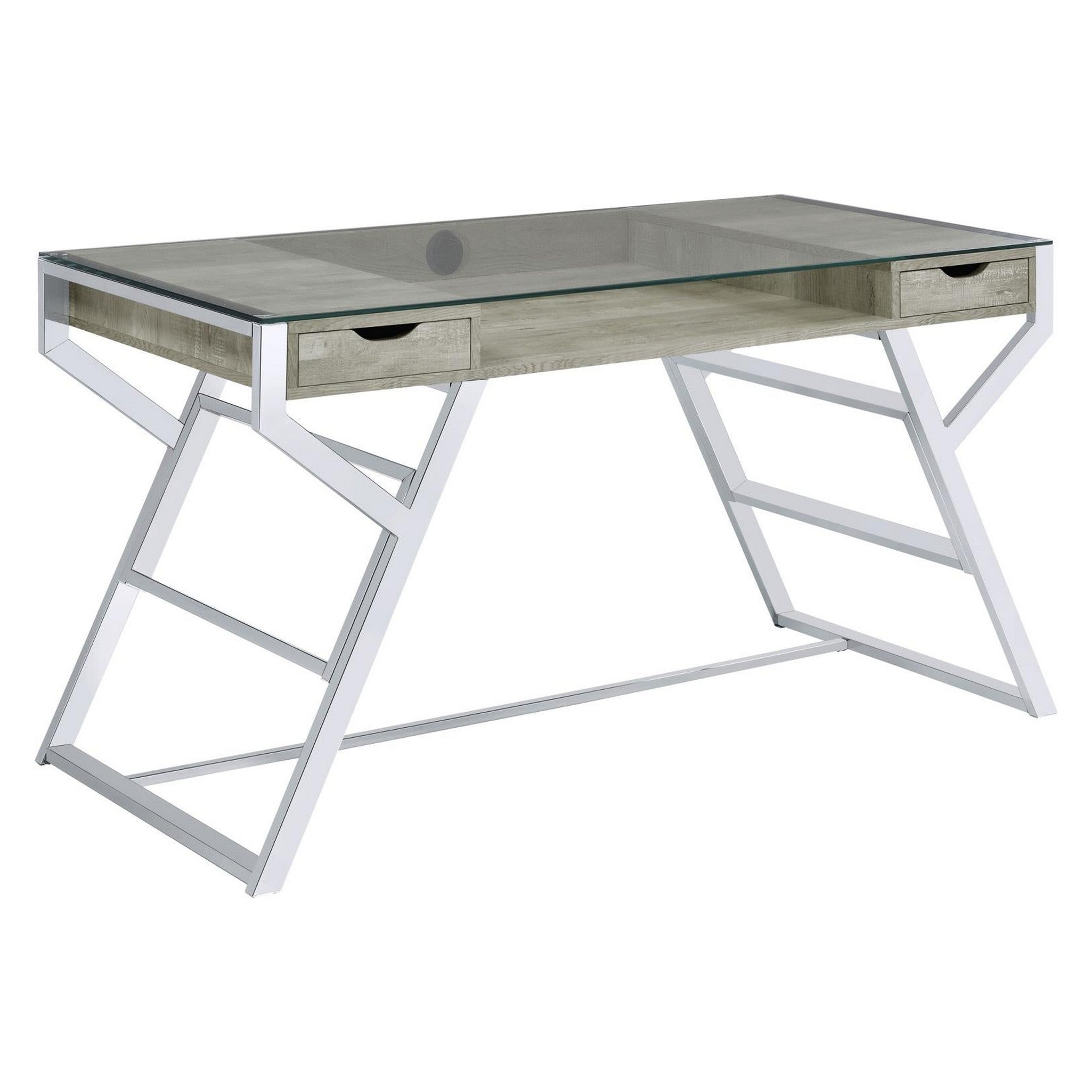 Emelle 2-drawer Glass Top Writing Desk Grey Driftwood and Chrome 882116