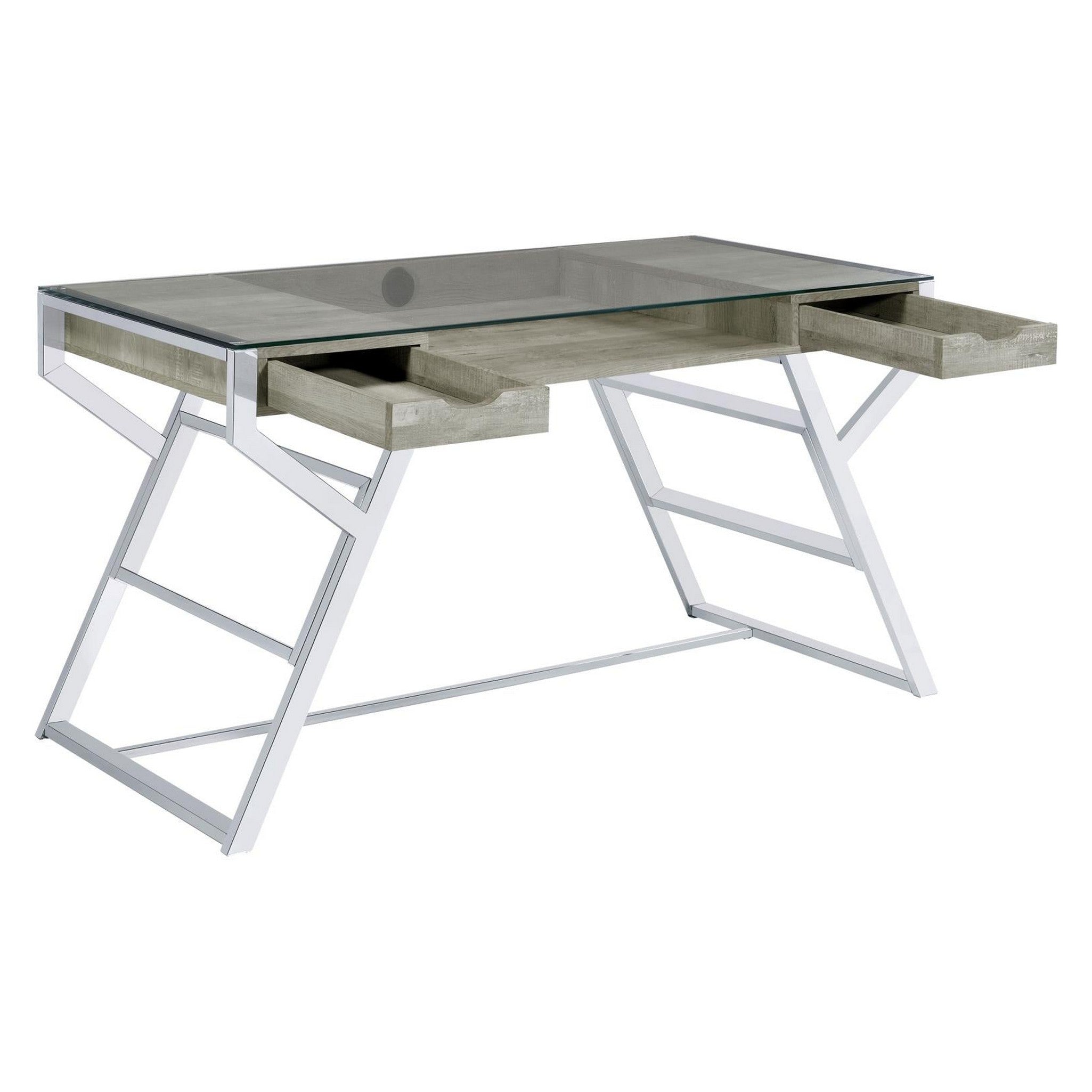 Emelle 2-drawer Glass Top Writing Desk Grey Driftwood and Chrome 882116