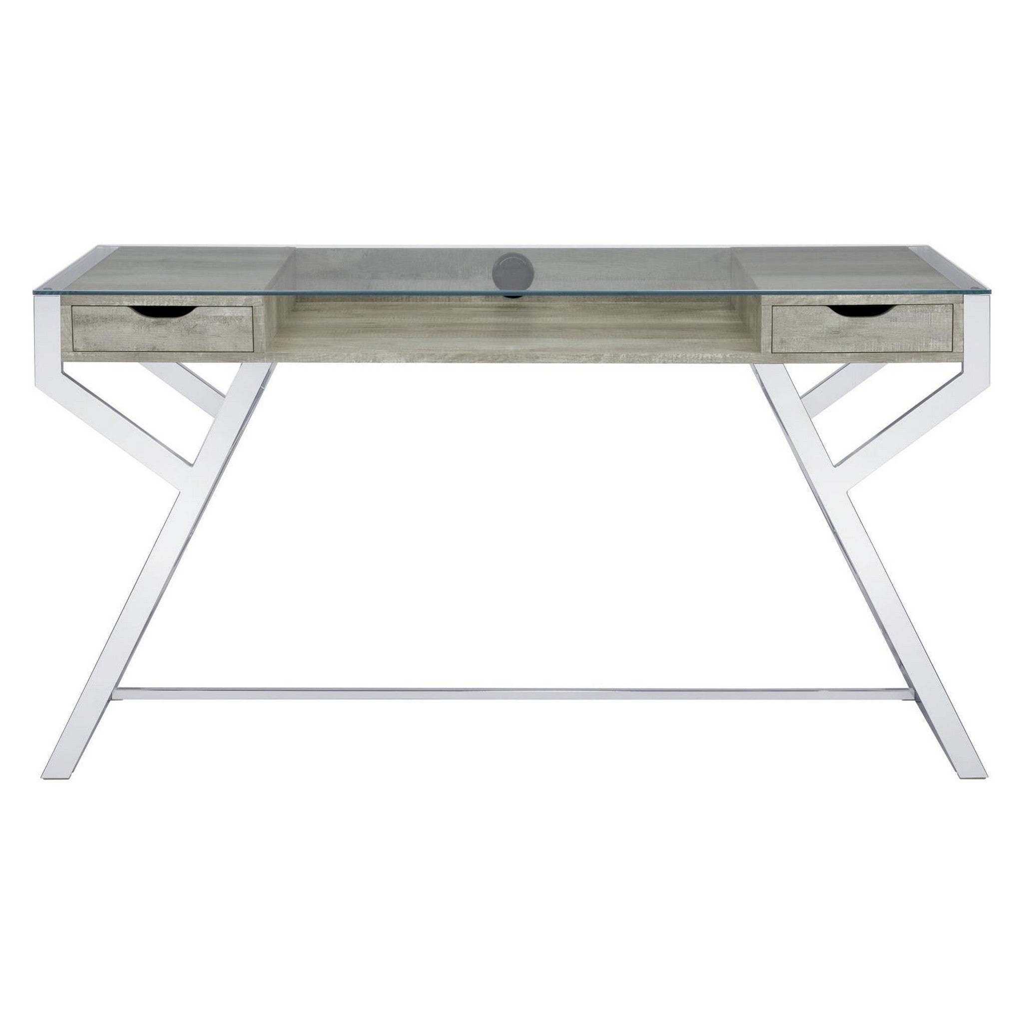 Emelle 2-drawer Glass Top Writing Desk Grey Driftwood and Chrome 882116