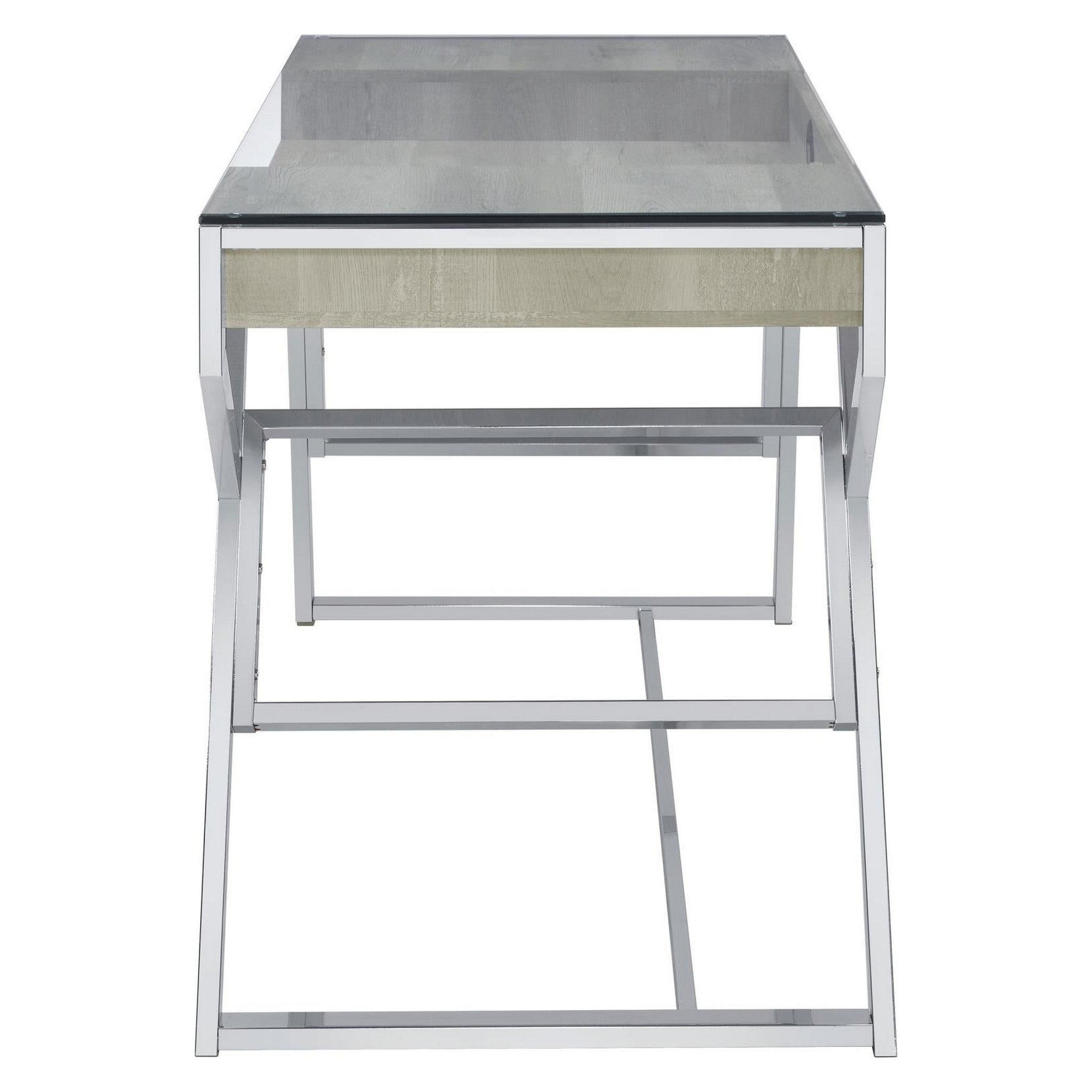 Emelle 2-drawer Glass Top Writing Desk Grey Driftwood and Chrome 882116