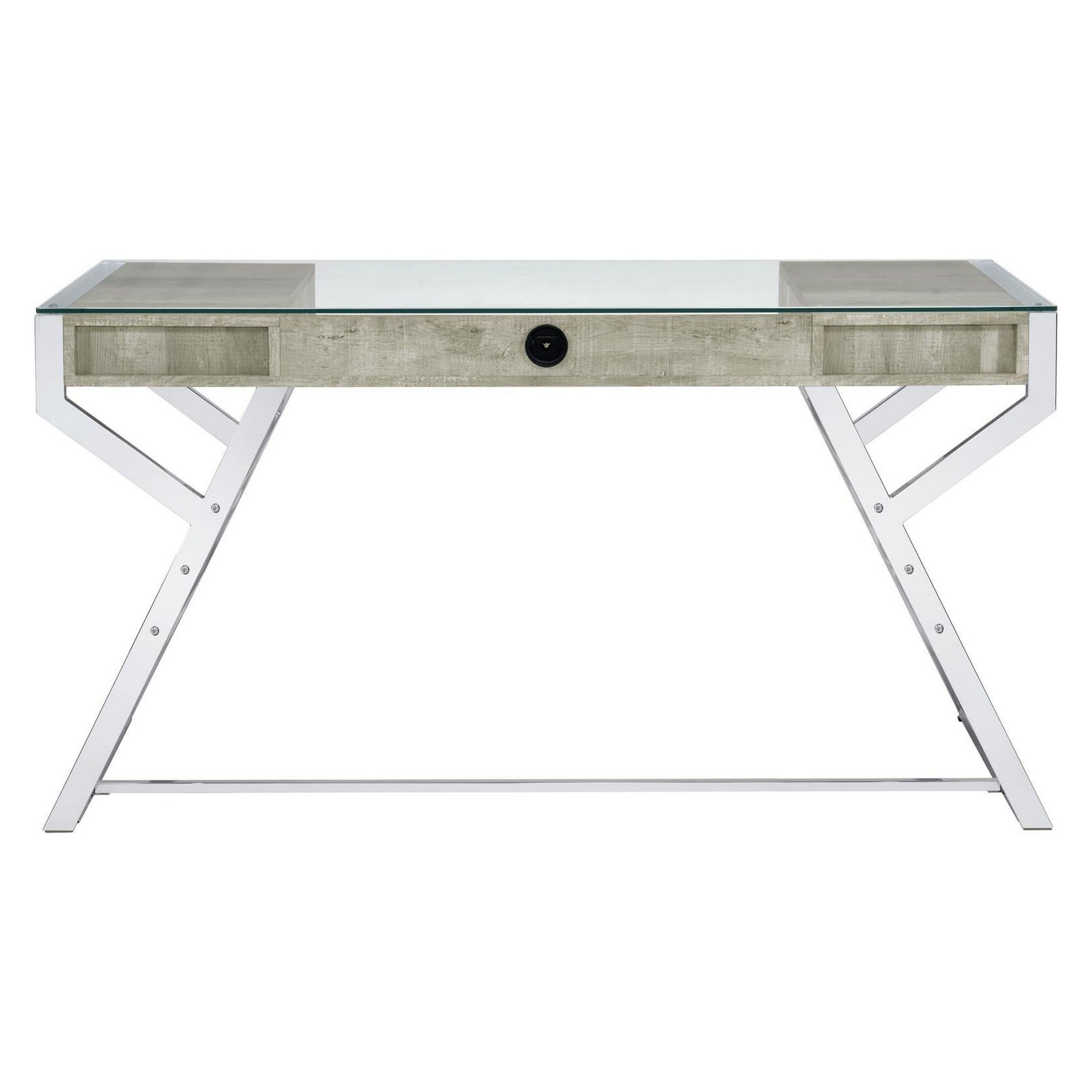 Emelle 2-drawer Glass Top Writing Desk Grey Driftwood and Chrome 882116