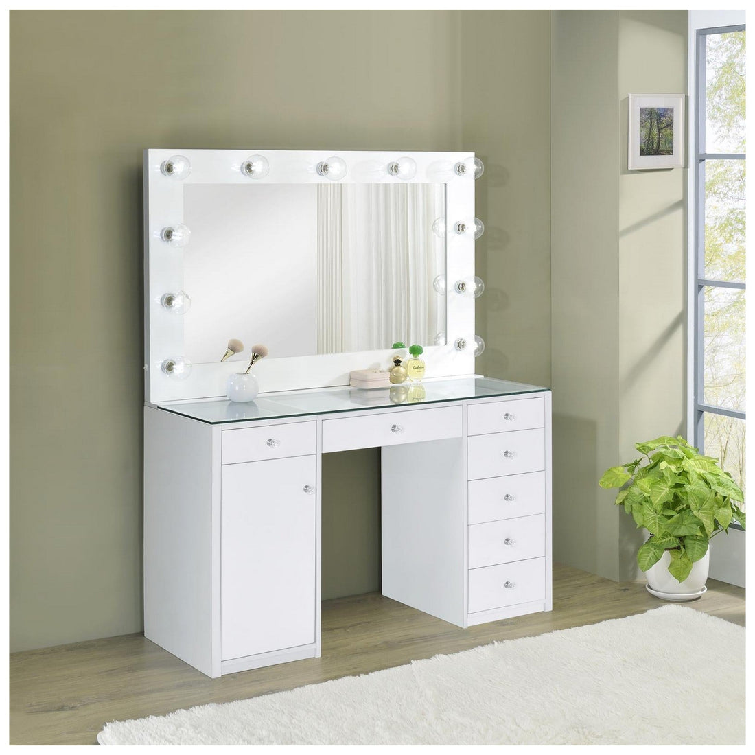 Percy 7-drawer Glass Top Vanity Desk with Lighting White 931143