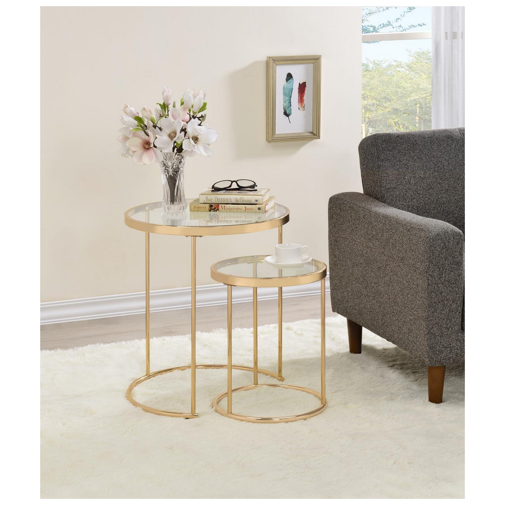 Maylin 2-piece Round Glass Top Nesting Tables Gold 935936
