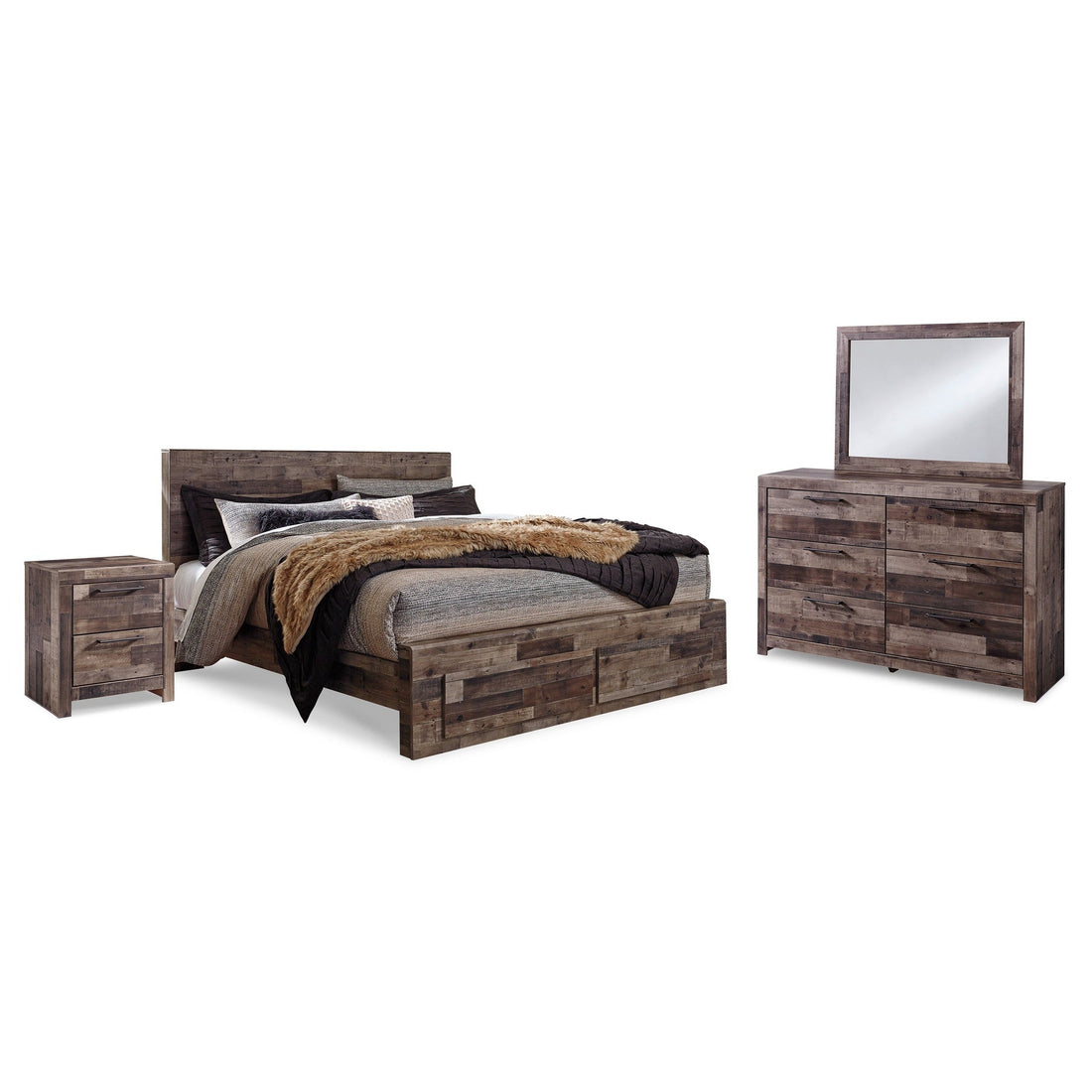 Derekson King Panel Storage Bed, Dresser, Mirror and Nightstand Ash-B200B41