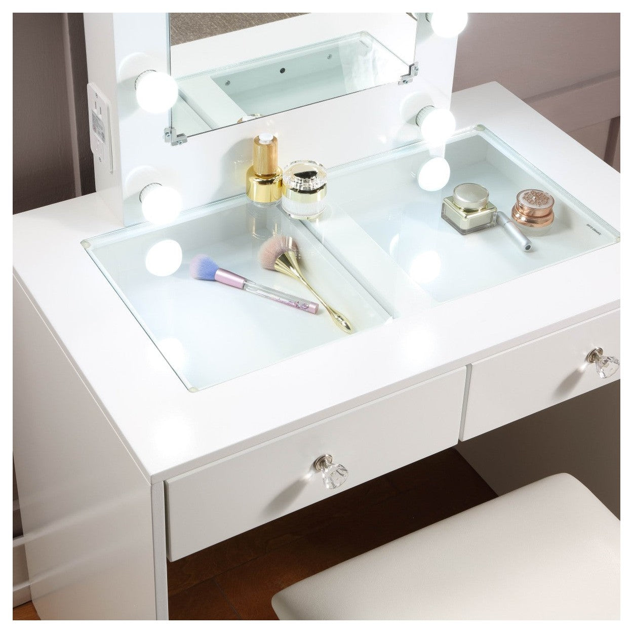 WHITE MAKEUP VANITY WITH 10 LIGHTS AND USB AND POWER OUTLET AND STOOL HM7878WH-15