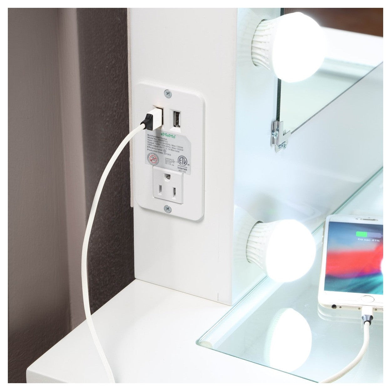 WHITE MAKEUP VANITY WITH 10 LIGHTS AND USB AND POWER OUTLET AND STOOL HM7878WH-15