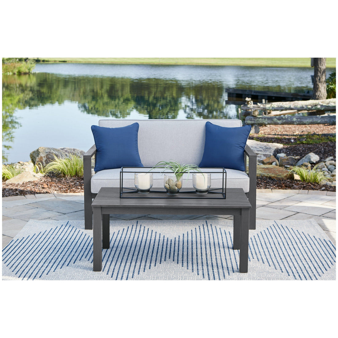 Fynnegan Outdoor Loveseat with Table (Set of 2) Ash-P349-034