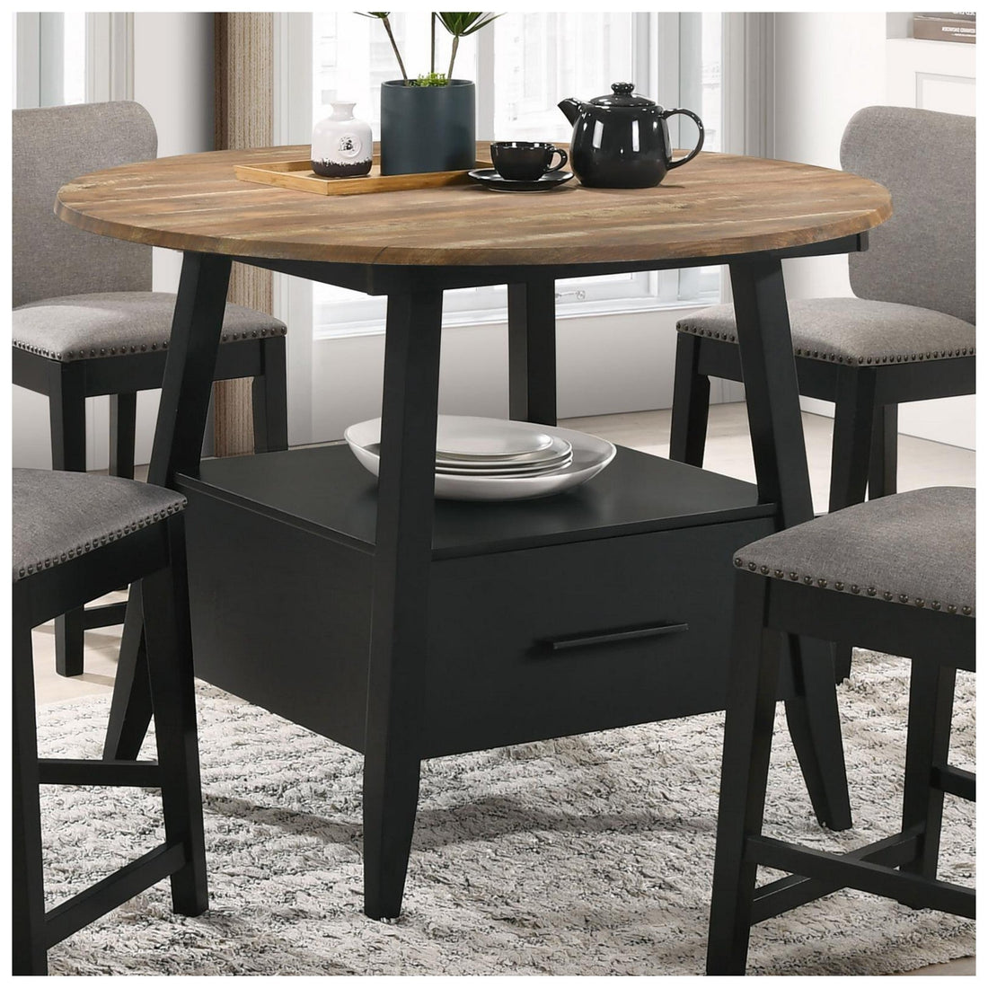 Gibson 1-drawer Round Counter Height Table Yukon Oak and Black 115158
