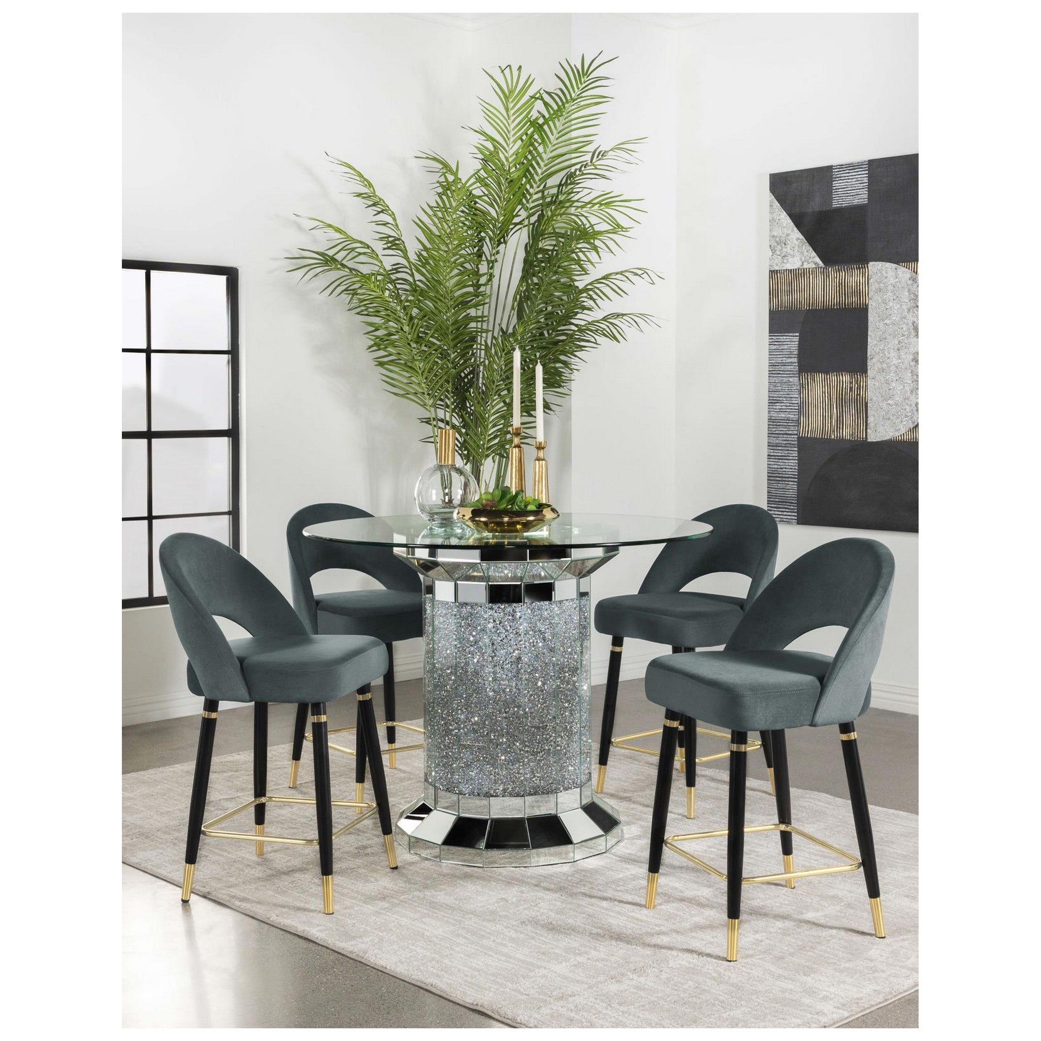 Ellie 5-piece Pedestal Counter Height Dining Room Set Mirror and Grey 115558-S5G