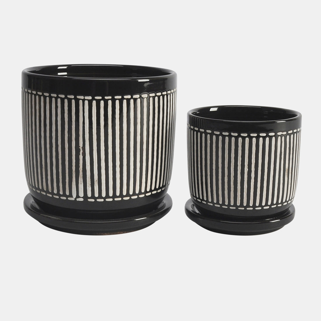 Sagebrook Home S/2 5/6&quot; Vertical Lines Planter W/ Saucer, Black
