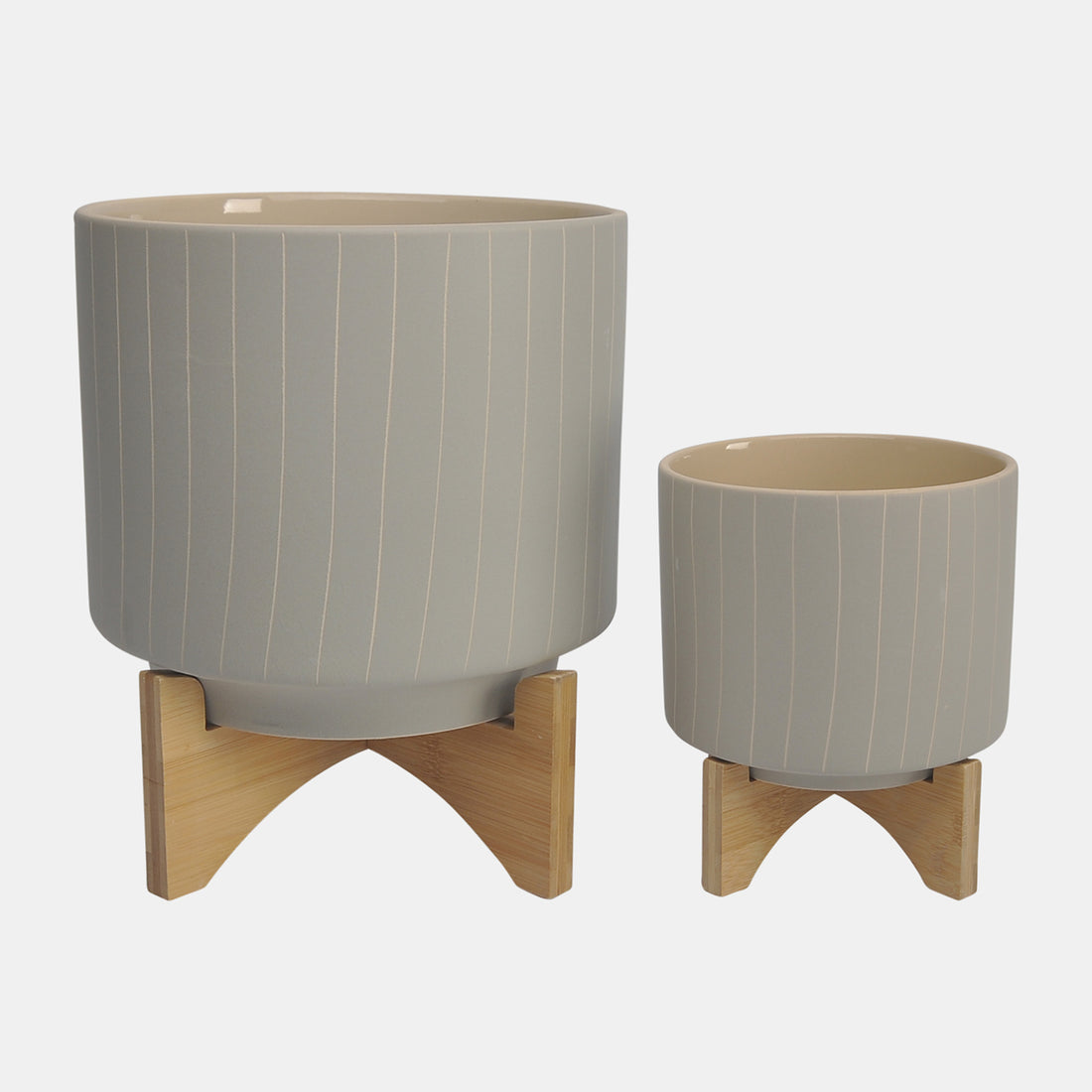 Sagebrook Home Cer, S/2 8/10&quot; Stripes Planter W/ Stand, Tan