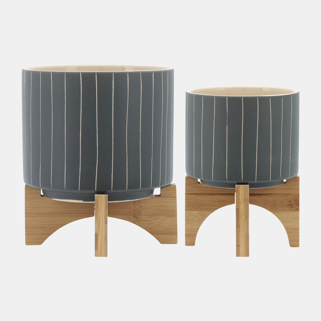 Sagebrook Home Cer, S/2 5/8&quot; Stripes Planter W/ Stand, Gray