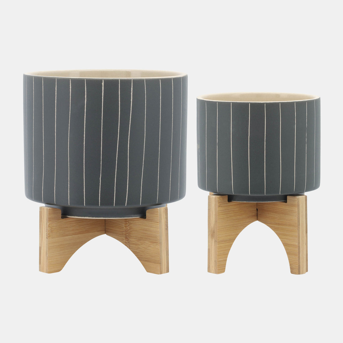 Sagebrook Home Cer, S/2 5/8&quot; Stripes Planter W/ Stand, Gray