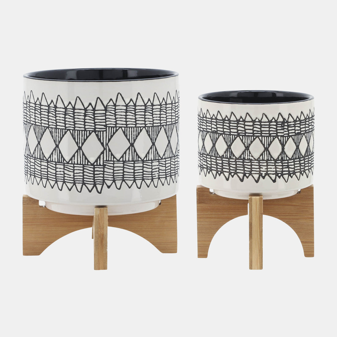 Sagebrook Home Cer, S/2 5/8&quot; Aztec Planter On Wooden Stand, Gray