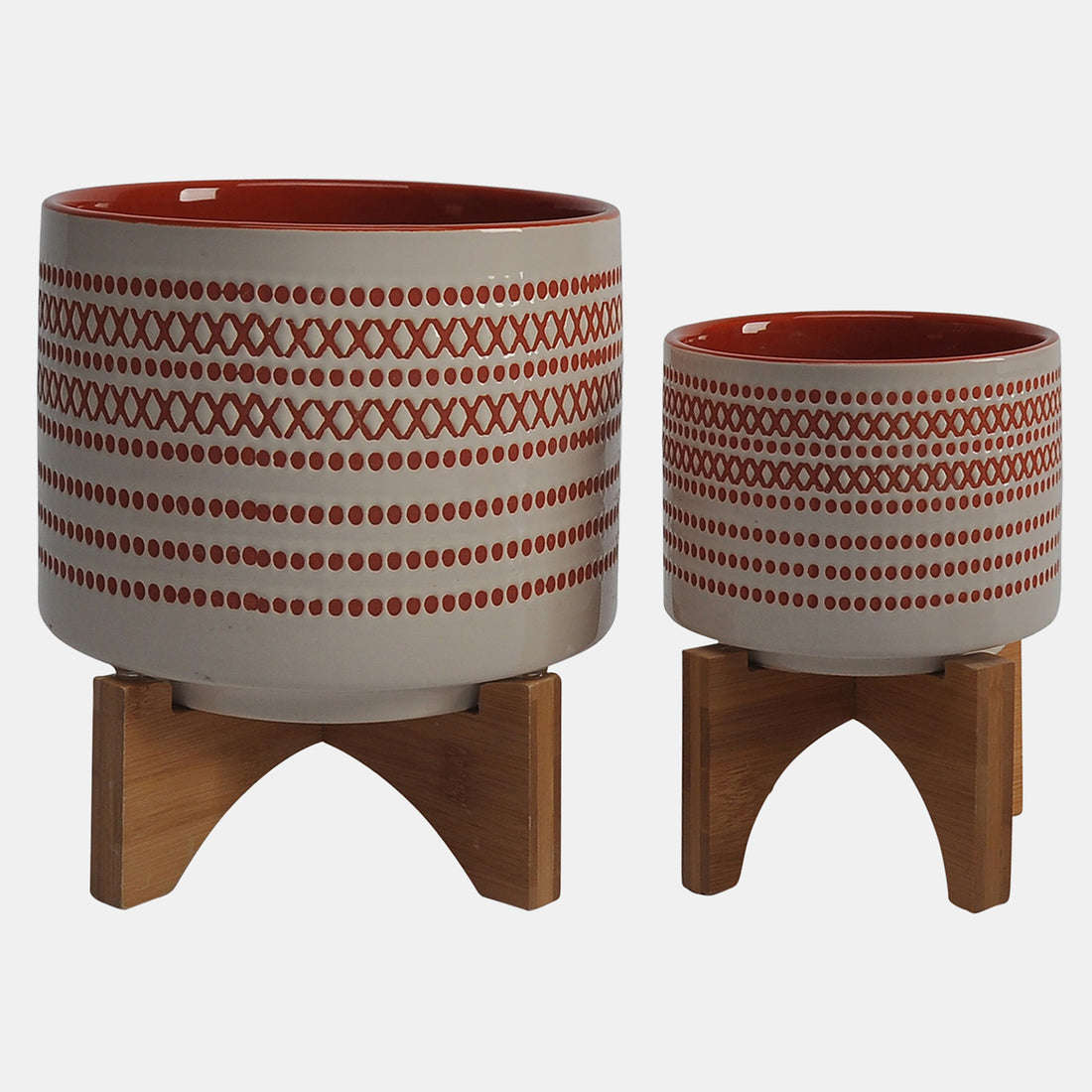 Sagebrook Home Ceramic S/2 5/8&quot; Aztec Planter On Wooden Stand, Or