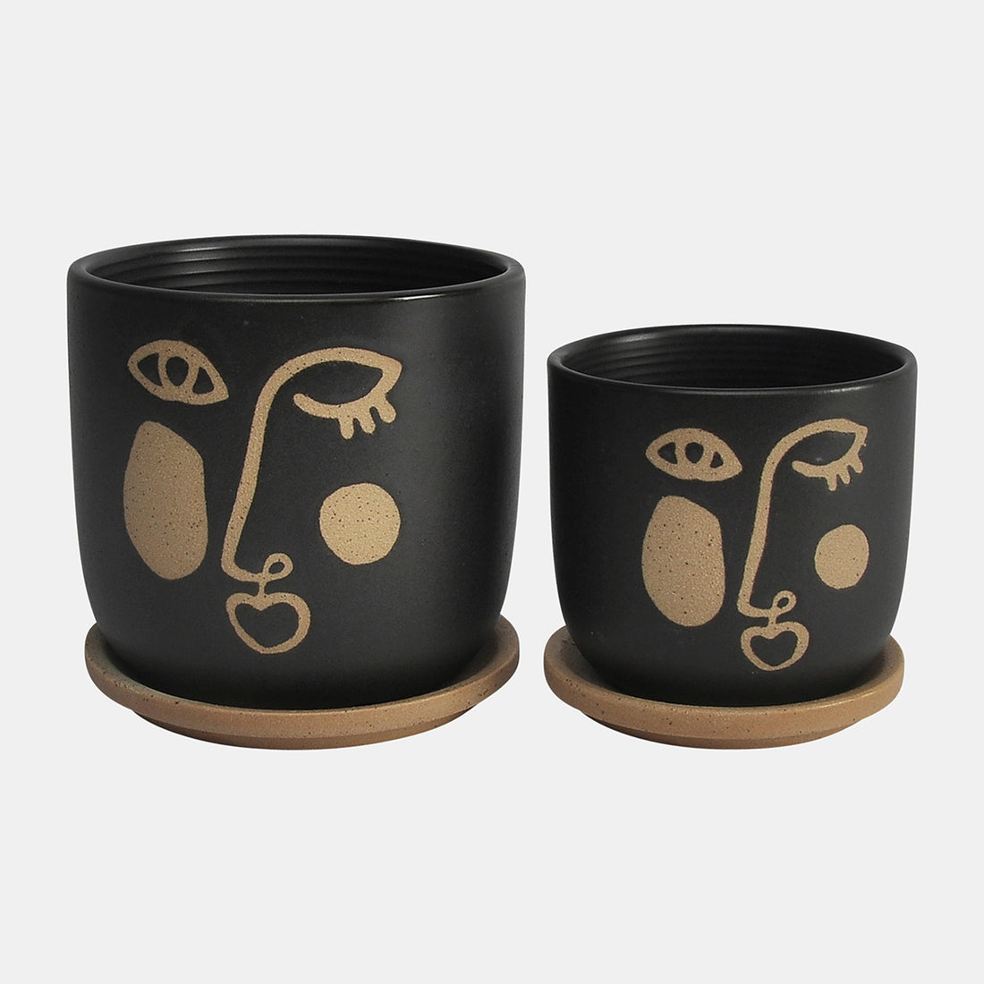 Sagebrook Home S/2 5/6&quot; Funky Face Planter W/ Saucer, Black