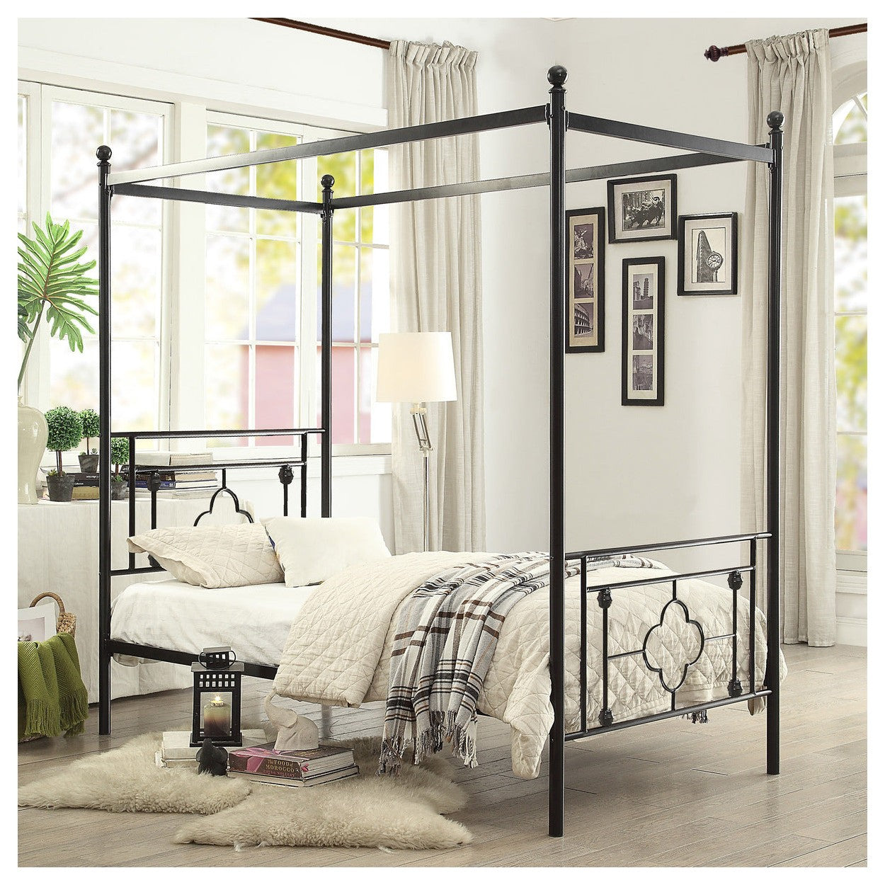 TWIN SIZE CANOPY METAL BED, ROUND POST,3A 1758T-1