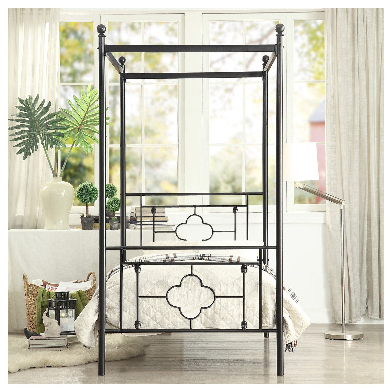 TWIN SIZE CANOPY METAL BED, ROUND POST,3A 1758T-1