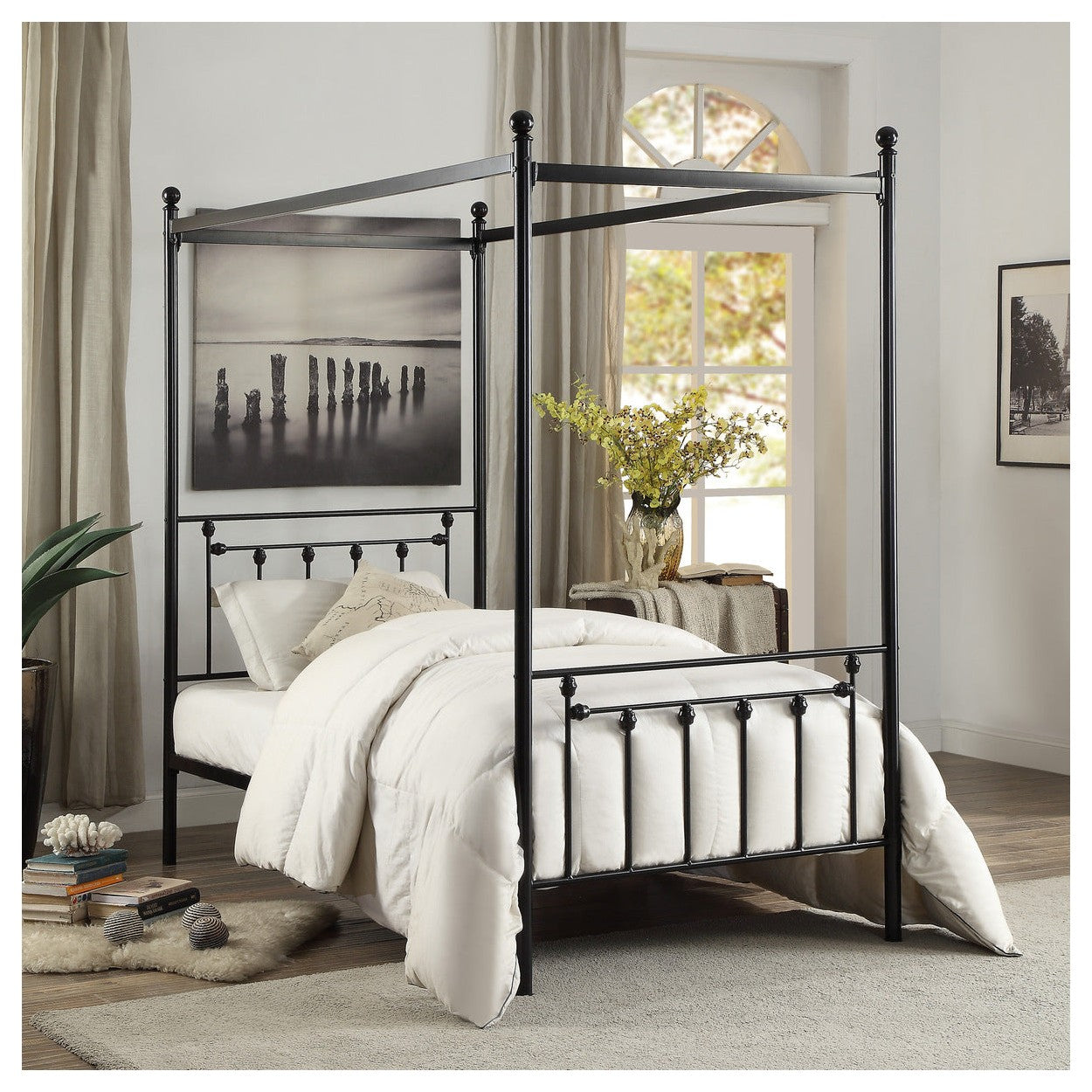 TWIN SIZE CANOPY METAL BED, ROUND POST, 3A 1761T-1
