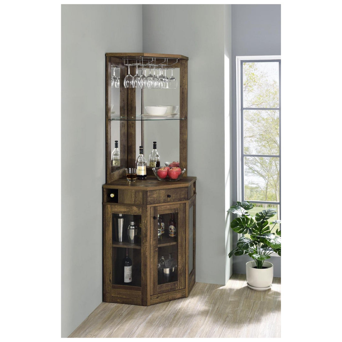 Alviso Corner Bar Cabinet with Stemware Rack Rustic Oak 182303