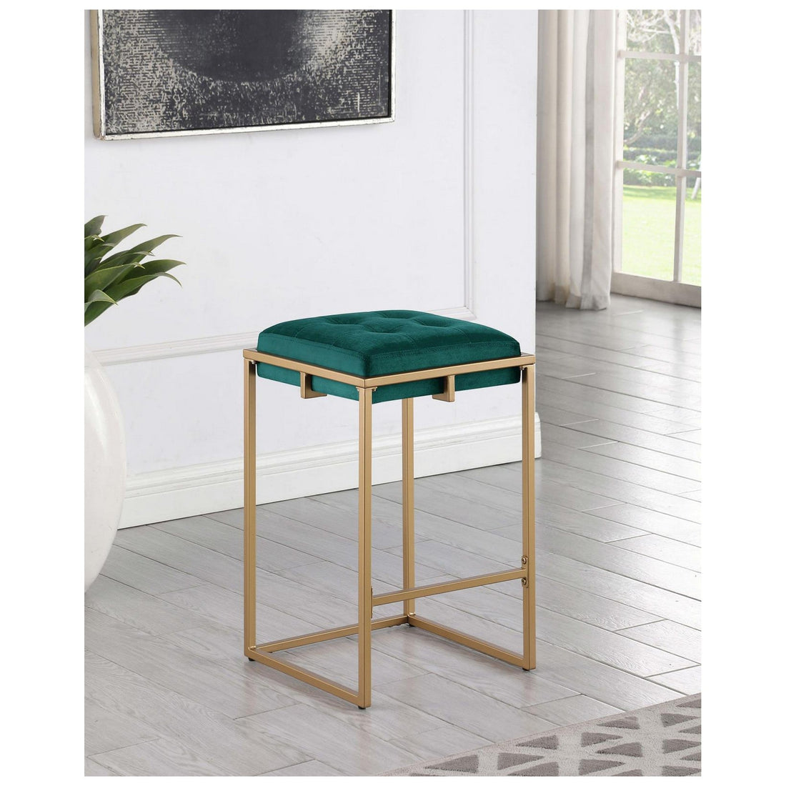 Nadia Square Padded Seat Counter Height Stool (Set of 2) Hunter Green and Gold 183647