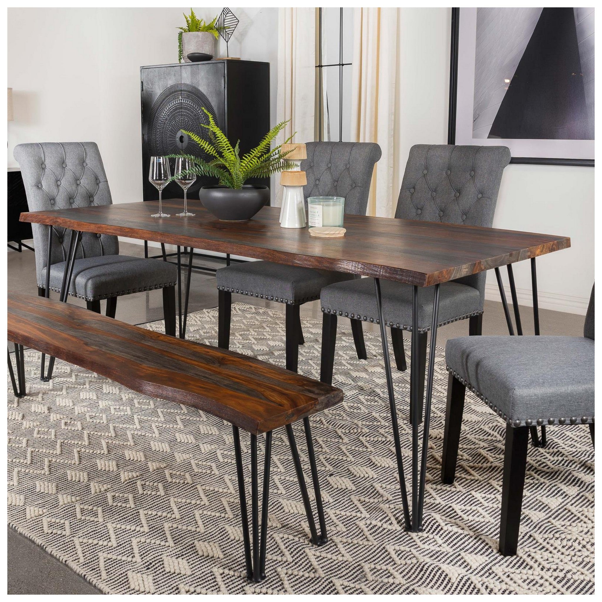 Neve Live-edge Dining Table with Hairpin Legs Sheesham Grey and Gunmetal 193861
