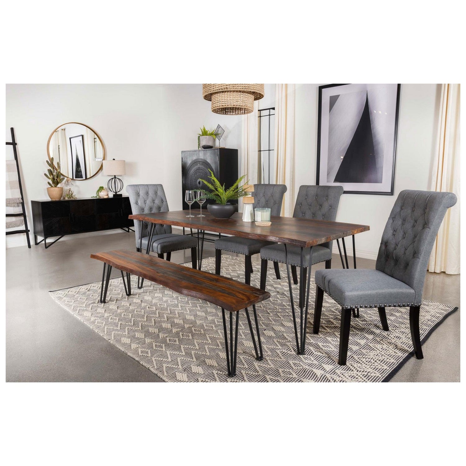 Neve Live-edge Dining Table with Hairpin Legs Sheesham Grey and Gunmetal 193861