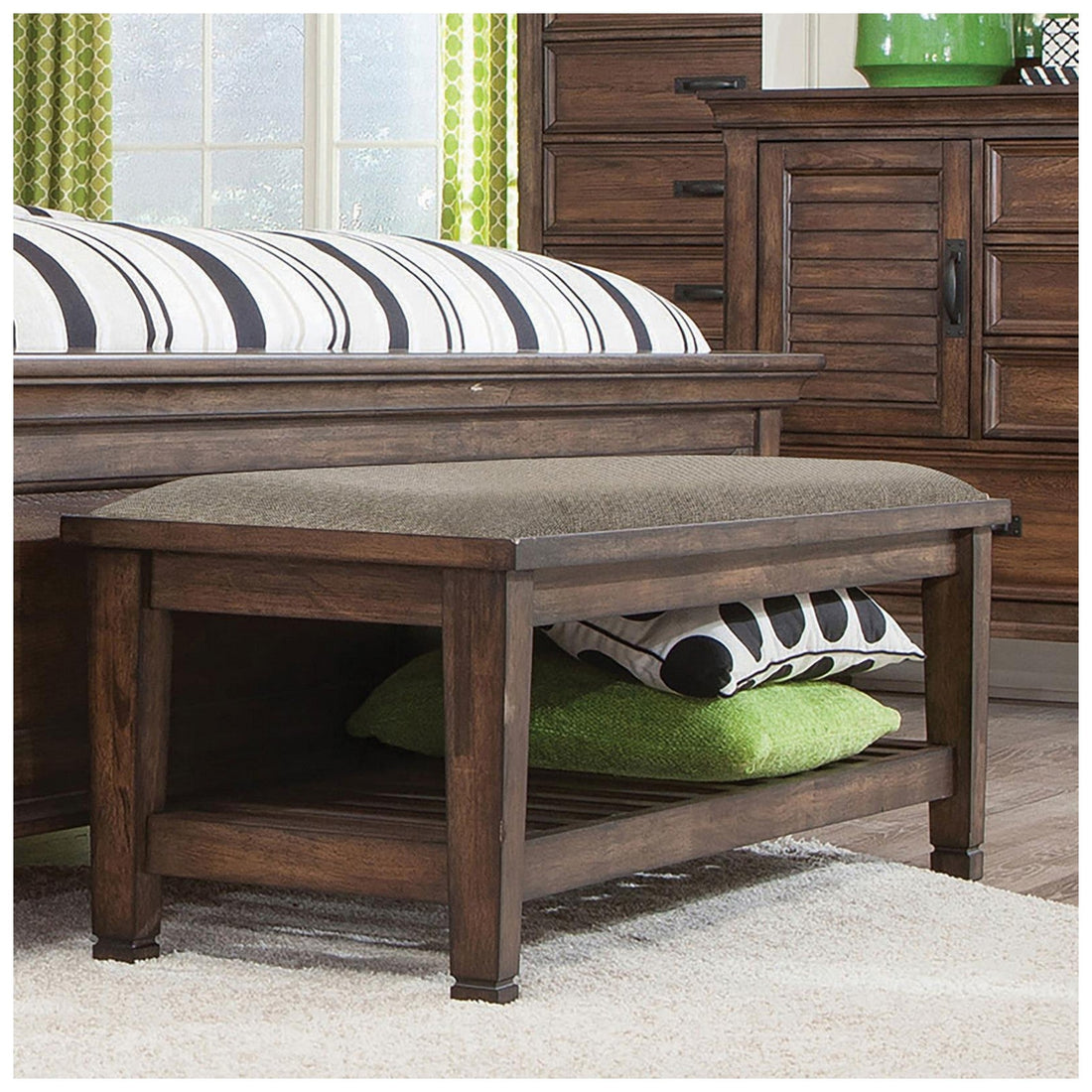 Franco Bench with Lower Shelf Beige and Burnished Oak 200977
