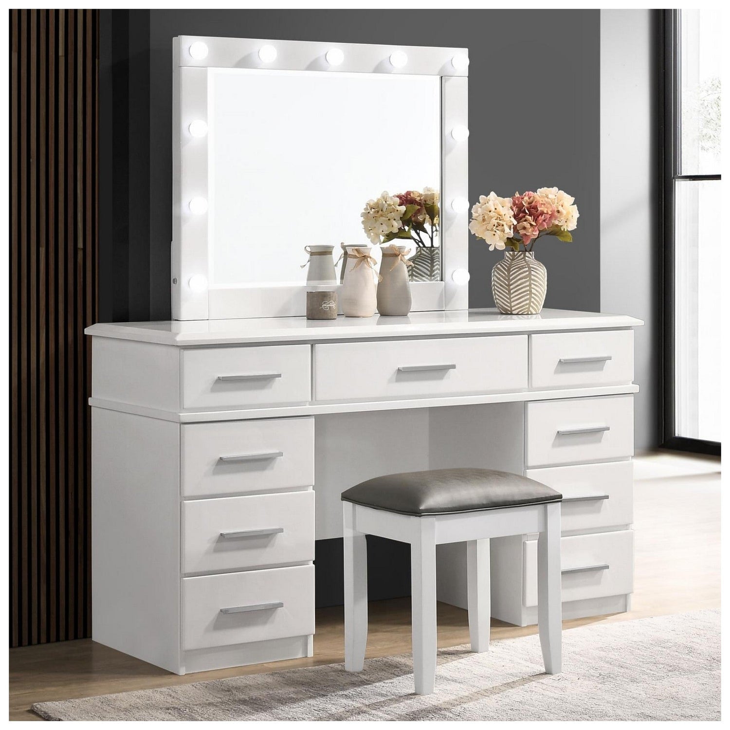 Felicity 9-drawer Vanity Desk with Lighted Mirror Glossy White 203507