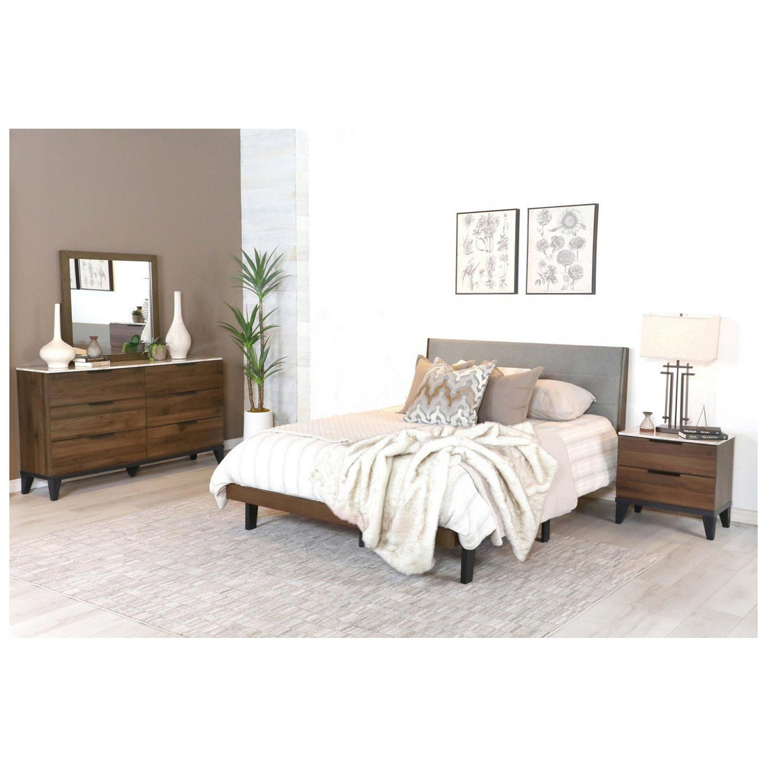 Mays 4-piece Upholstered Queen Bedroom Set Walnut Brown and Grey 215961Q-S4
