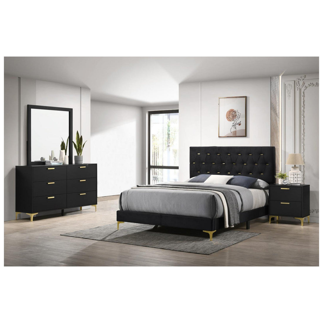 Kendall 4-piece Tufted Panel Eastern King Bedroom Set Black and Gold 224451KE-S4