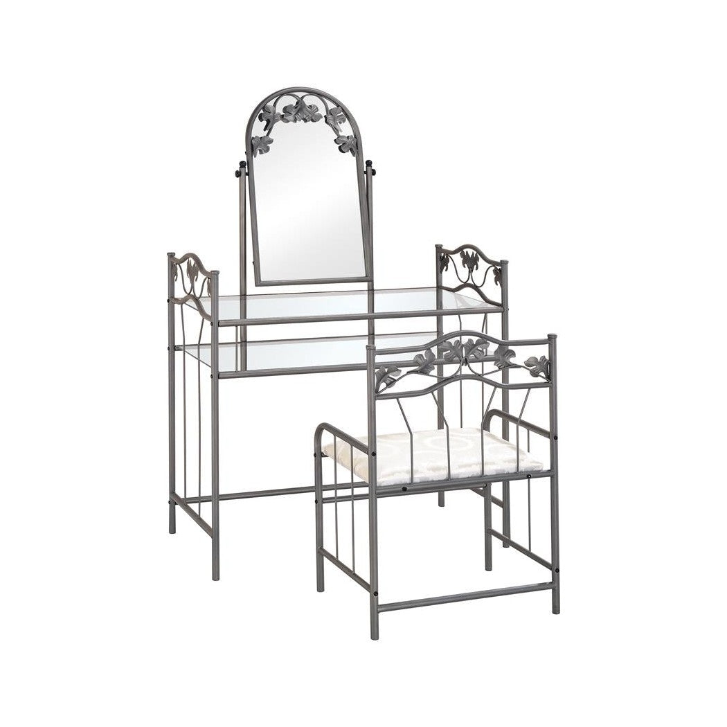 Purvis 2-piece Metal Vanity Set with Glass Top Pewter and Ivory 2734