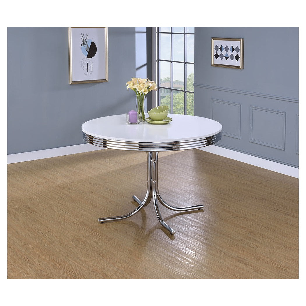 Coaster Retro Round Dining Table Glossy White And Chrome