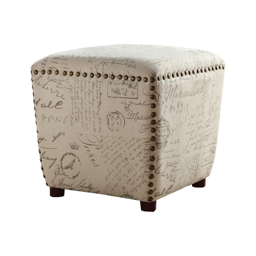 Lucy Upholstered Ottoman with Nailhead Trim Off White and Grey 501108