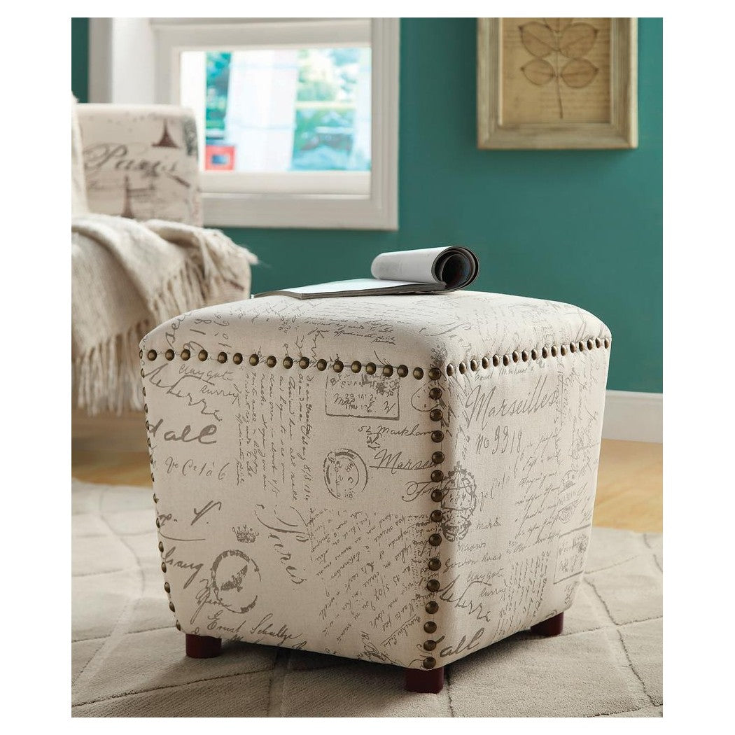 Lucy Upholstered Ottoman with Nailhead Trim Off White and Grey 501108