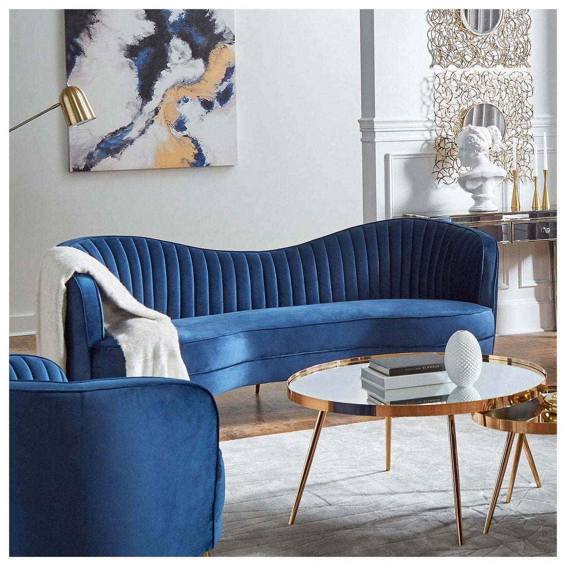 Sophia Upholstered Camel Back Sofa Blue 506861