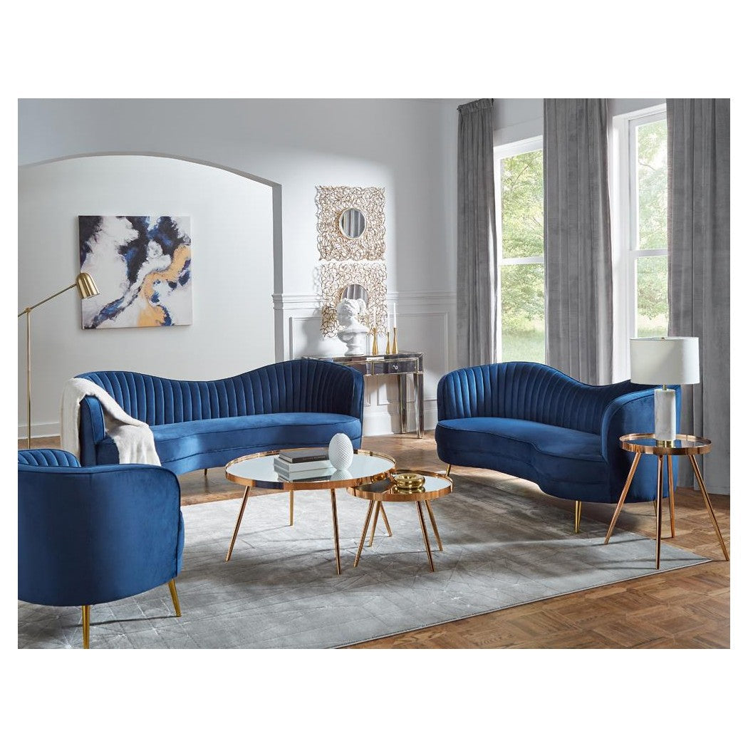 Sophia Upholstered Camel Back Loveseat Blue 506862