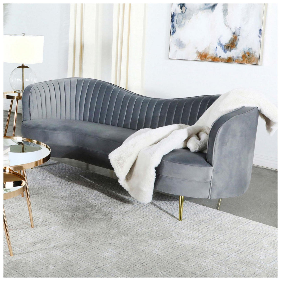 Sophia Upholstered Sofa with Camel Back Grey and Gold 506864