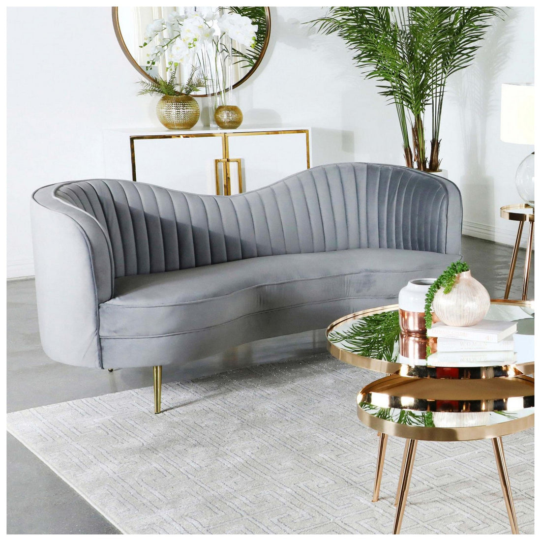 Sophia Upholstered Loveseat with Camel Back Grey and Gold 506865