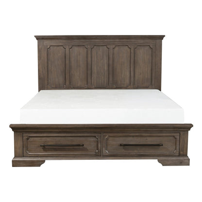 (3) QN BED W/ FTBD STRG, DISTRS DARK OAK 5438-1*