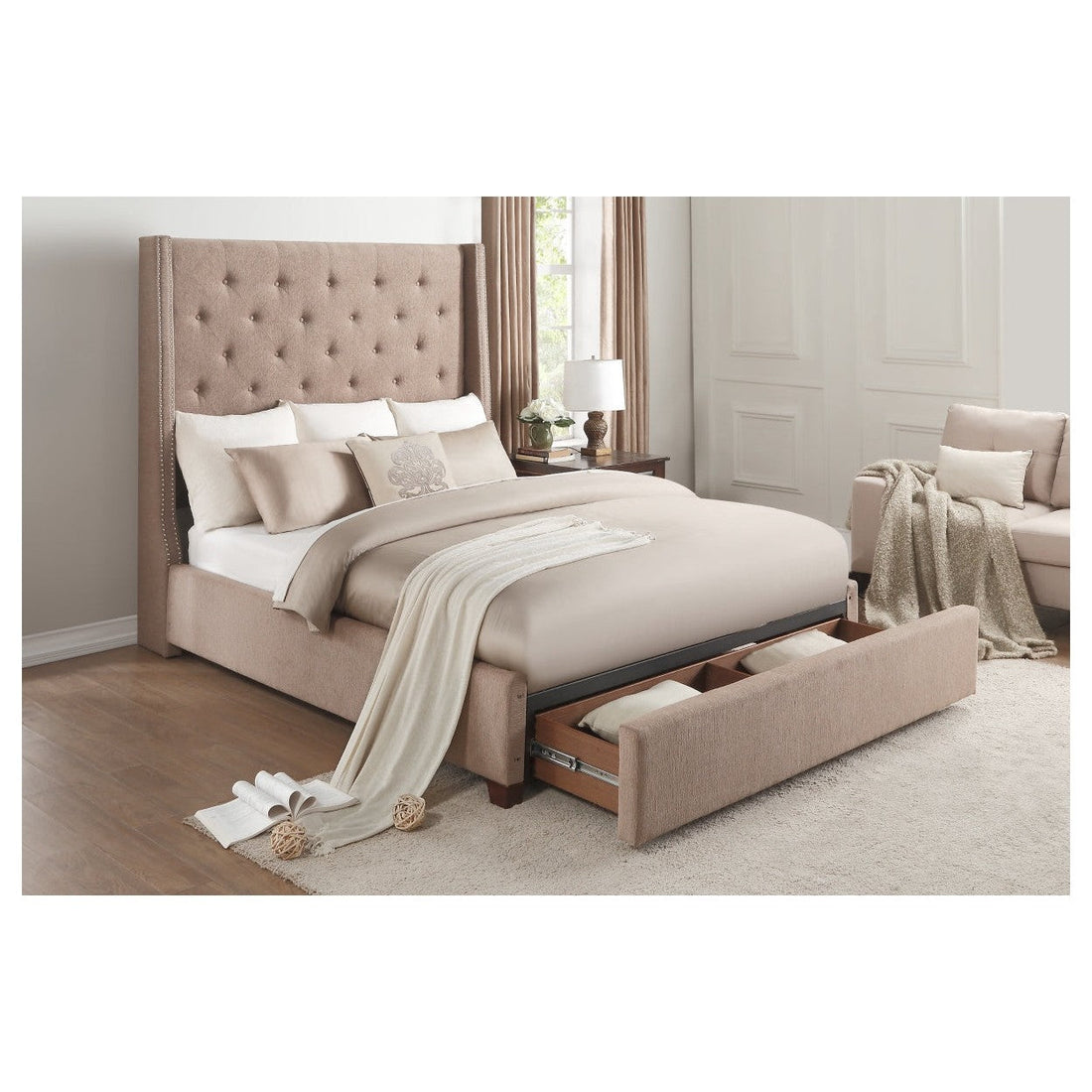 (3) FULL BED W/STORAGE DRAWER, BROWN FABRIC 5877FBR-1DW*