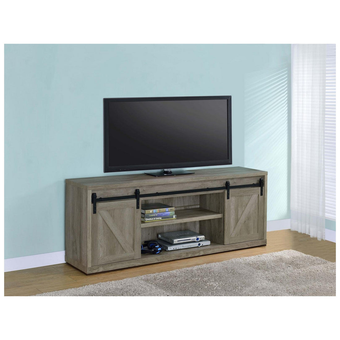 Brockton 71-inch 3-shelf Sliding Doors TV Console Grey Driftwood 723263