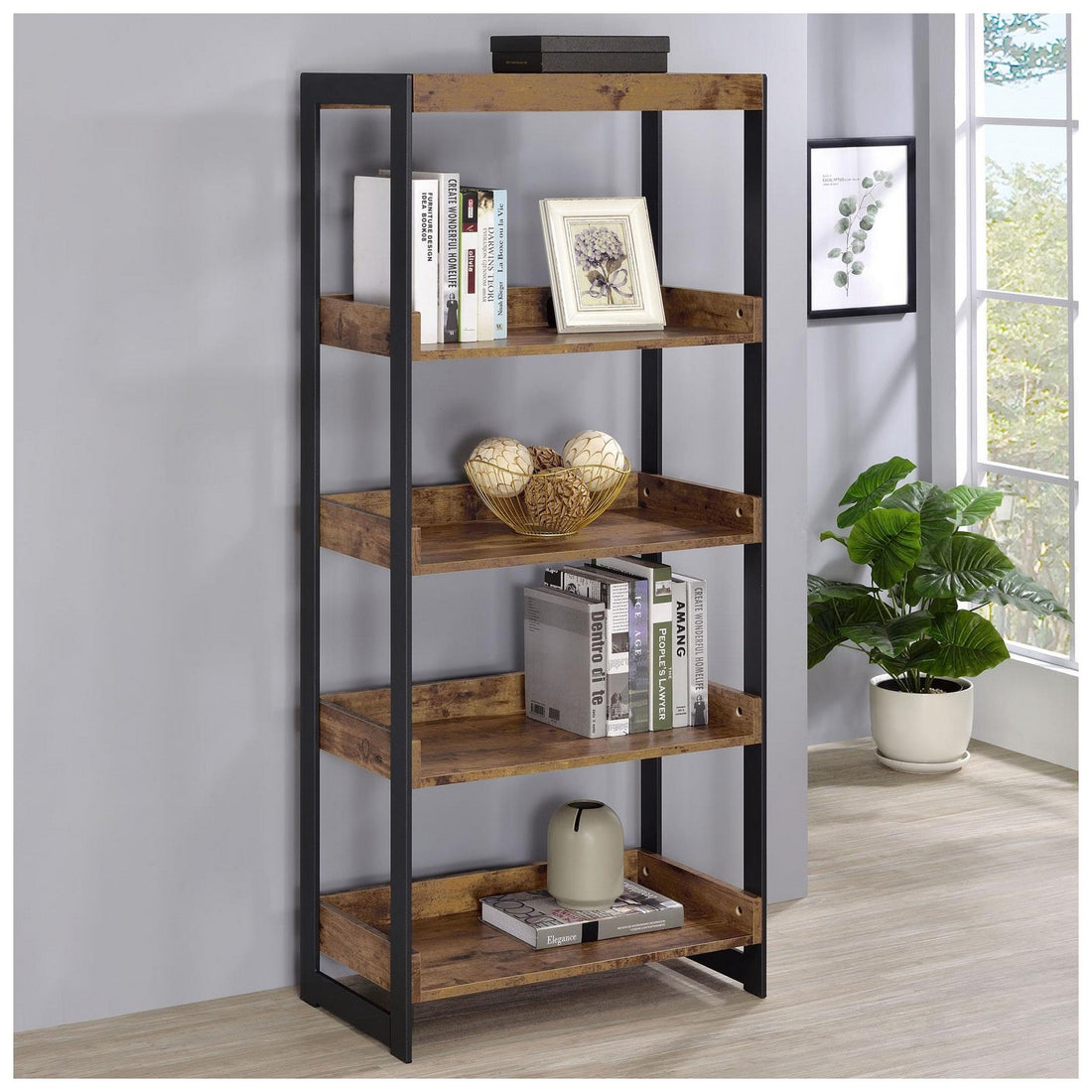 Estrella 4-shelf Bookcase Antique Nutmeg and Gunmetal 800657